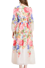 Roselle Floral Multi Color Print Long Poof Sleeves Midi Dress