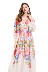 Roselle Floral Multi Color Print Long Poof Sleeves Midi Dress