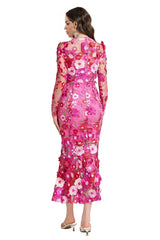 Sedra 3D Floral Fuchsia Pink Long Sleeves Midi Dress