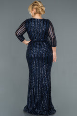 Toya Navy Long Sleeves Sequin Gown