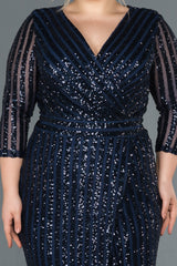 Toya Navy Long Sleeves Sequin Gown