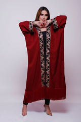 Samia Burgundy Linen Fringes Abaya Kimono