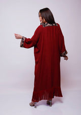 Samia Burgundy Linen Fringes Abaya Kimono