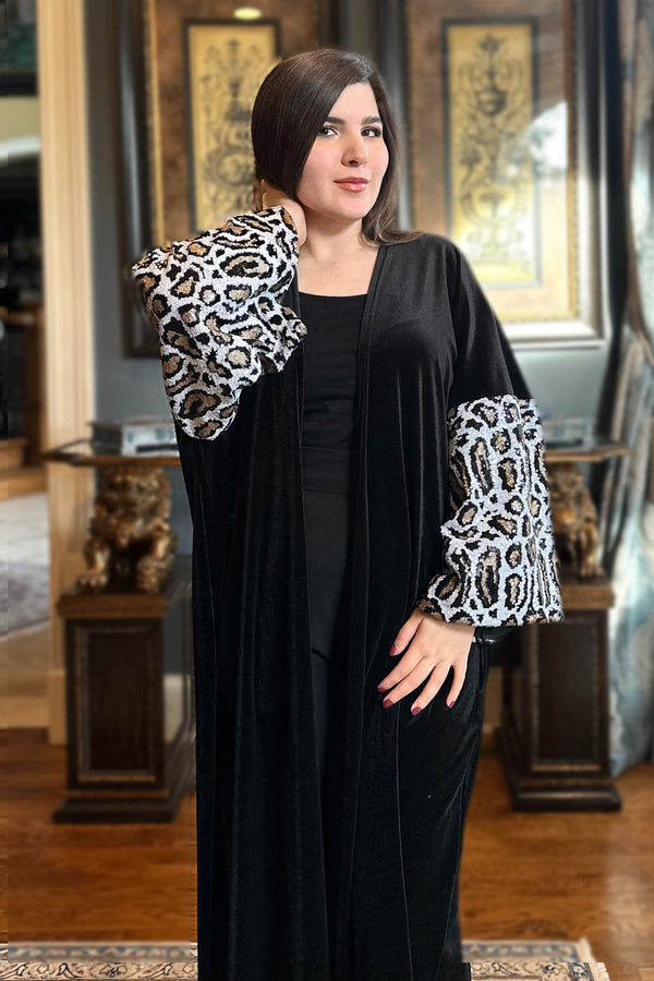 Najwa Black Velvet Sequin Abaya Kimono