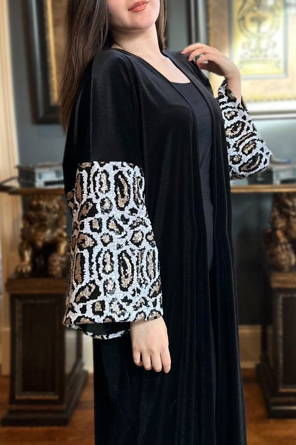 Najwa Black Velvet Sequin Abaya Kimono