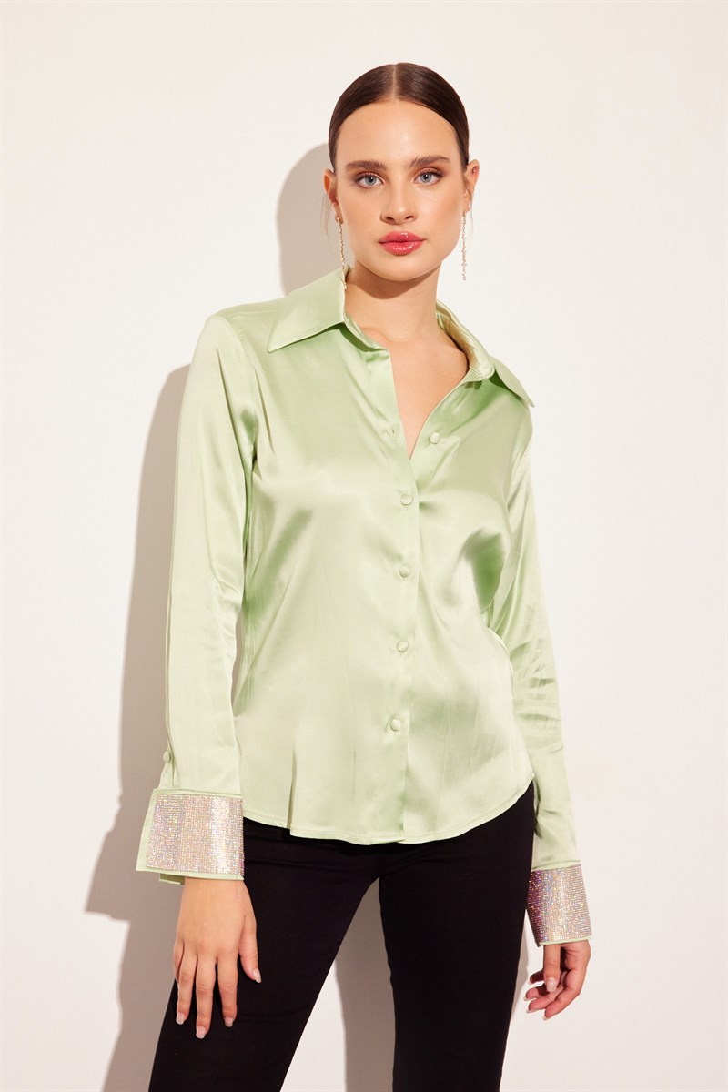 Carmen Sage Green Satin Silk Sparkly Shirt S (4 US) Carmen Sage Green Satin Silk Sparkly Shirt S (4 US)