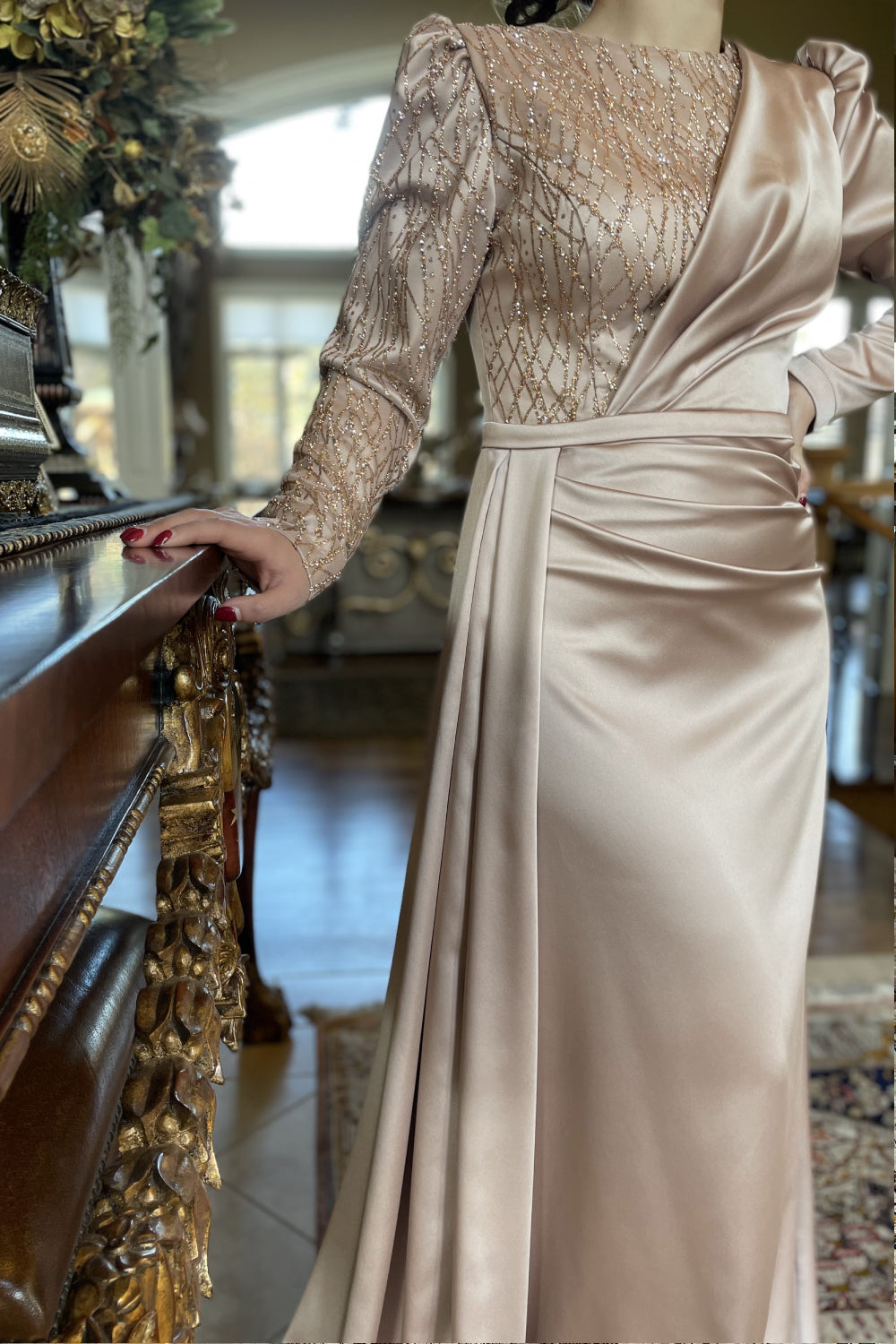 Petra Taupe Gold Satin Embellished Modest Gown 4 Petra Taupe Gold Satin Embellished Modest Gown 4