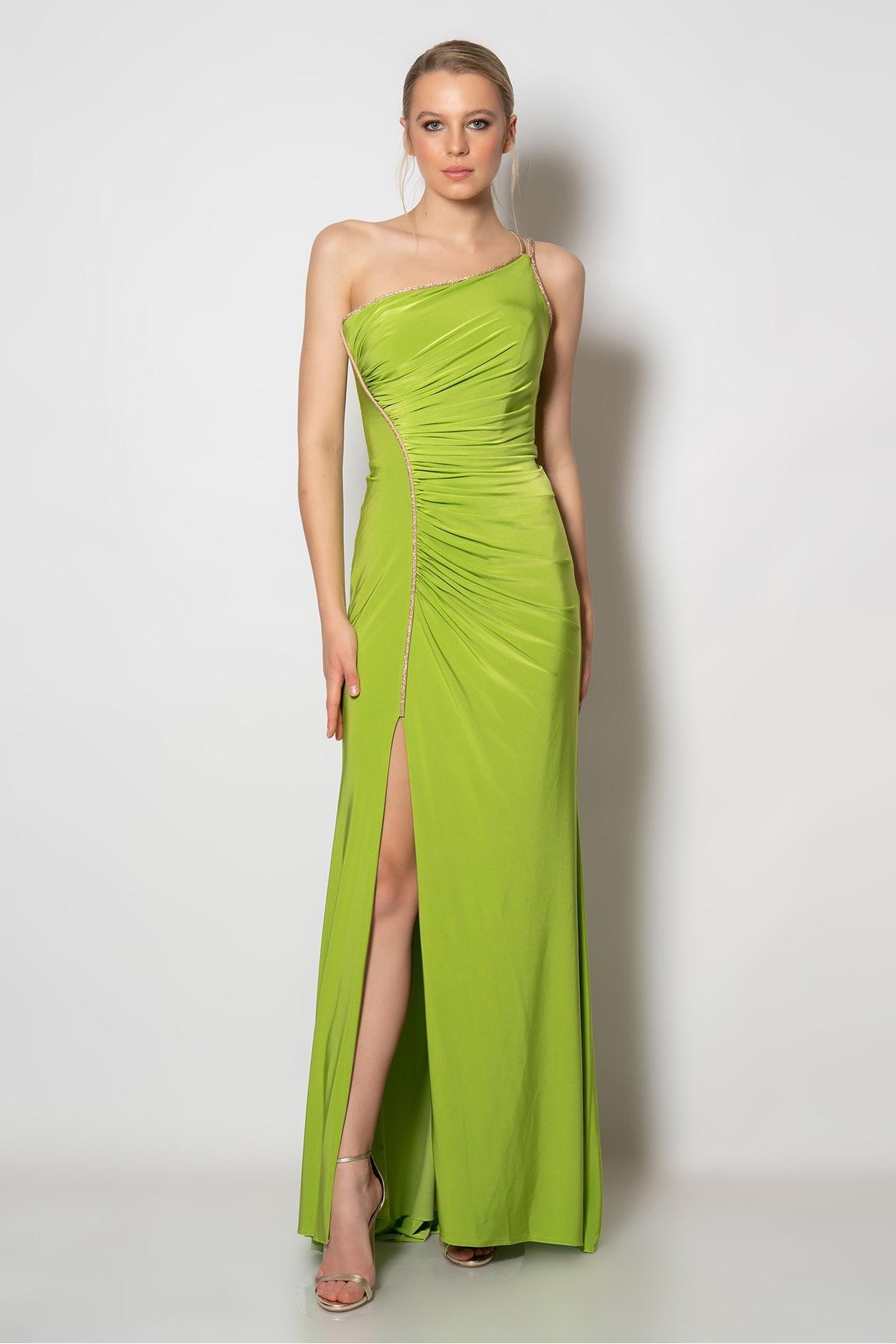 lime green one shoulder dress Gabriella Ruched Gown 4 The best dress for Style:Jacquard Floral This vibrant floral maxi Few Moda x Carly Riordan