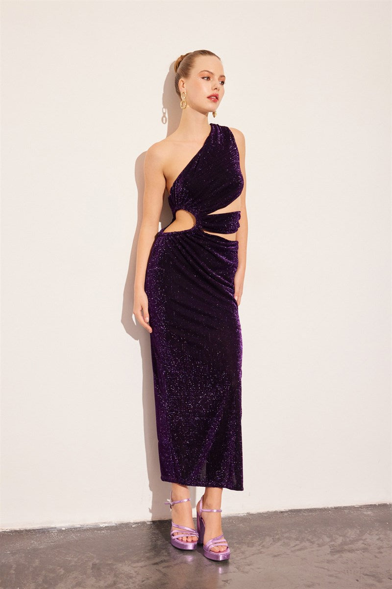 Erika Purple Shimmery Cut Out Midi Dress M (6/8)