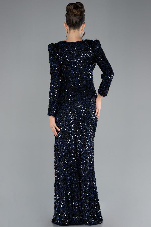 Milly Navy Long Sleeve Decollete Sequined Gown