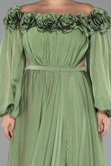 Courtney Floral Off Shoulder Sage Green Long Sleeves Gown