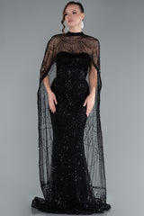 Sienna Black Cape Sequin Beaded Gown