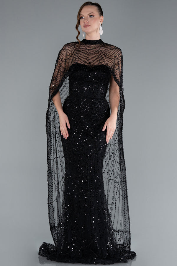Sienna Black Cape Sequin Beaded Gown