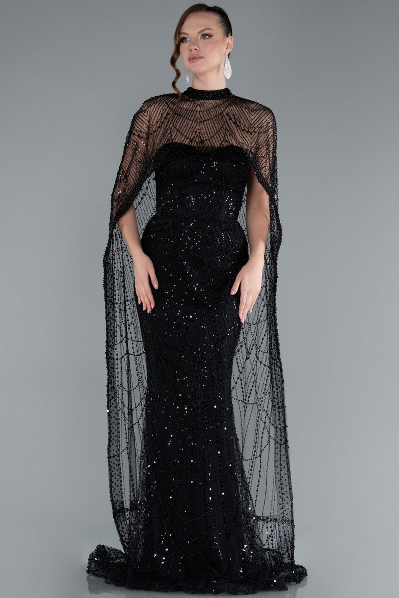 Sienna Black Cape Sequin Beaded Gown