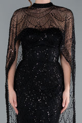 Sienna Black Cape Sequin Beaded Gown