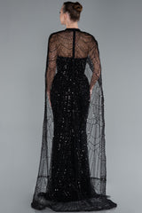 Sienna Black Cape Sequin Beaded Gown