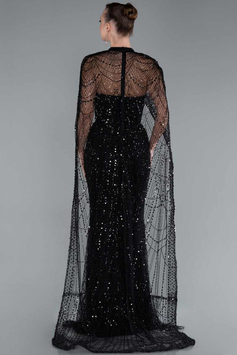 Sienna Black Cape Sequin Beaded Gown