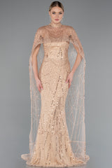 Sienna Gold Cape Sequin Beaded Gown