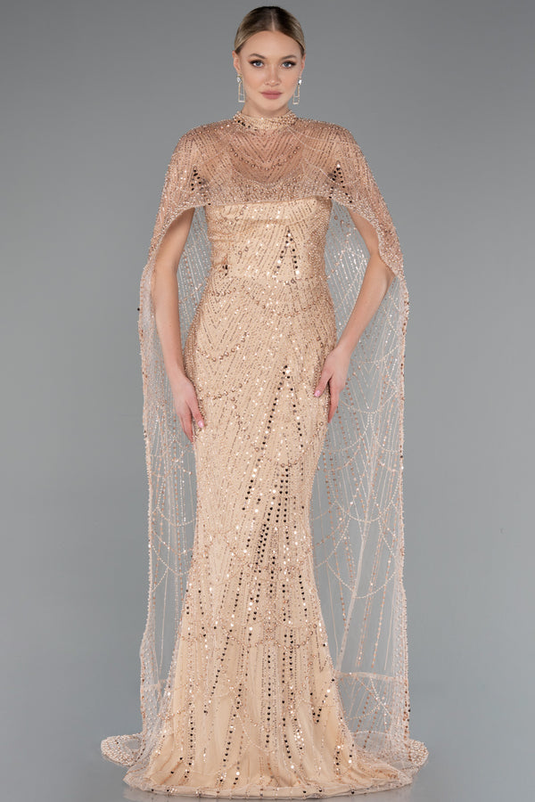 Sienna Gold Cape Sequin Beaded Gown