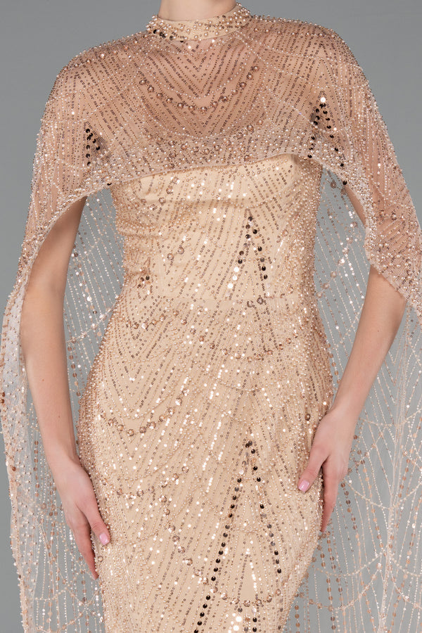 Sienna Gold Cape Sequin Beaded Gown