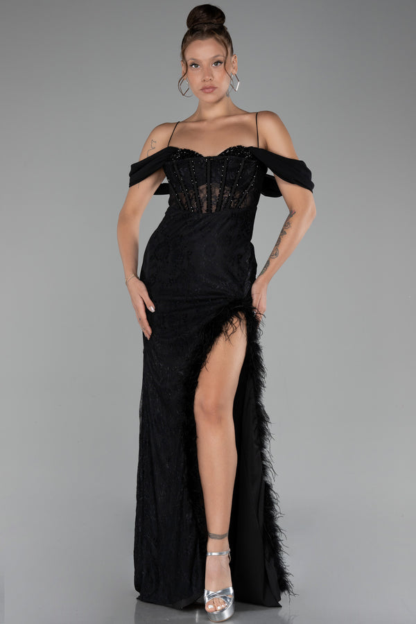 Micah Black Boat Neck Underwire Corset Slit Long Lace Evening Dress