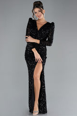 Milly Black Long Sleeve Decollete Sequined Gown