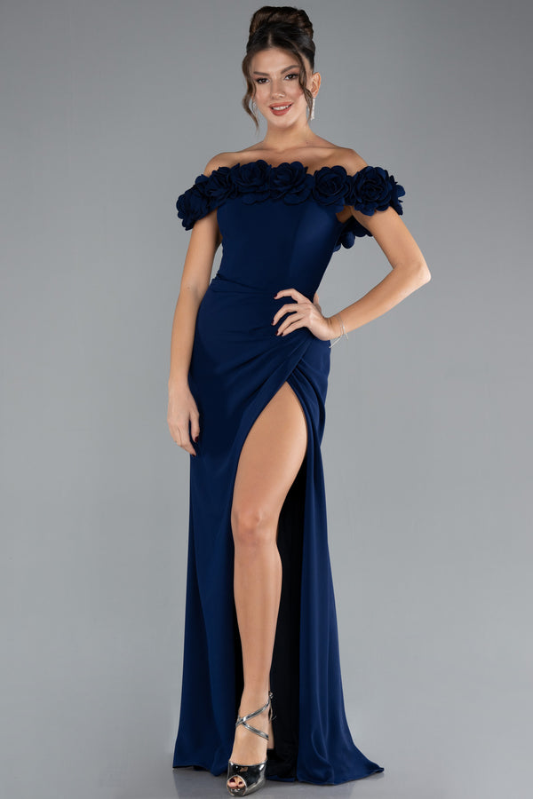 Agnesa Navy Boat Neck Slit Long Gown