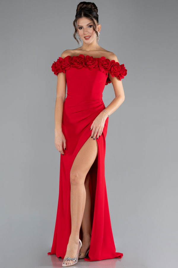 Agnesa Red Boat Neck Slit Long Gown