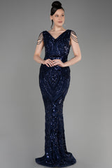 Milica Navy V Neck Long Sequined Gown