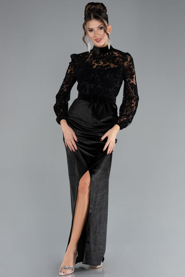 Darcy Black Laced Long Sleeve Velvet Belted Gown