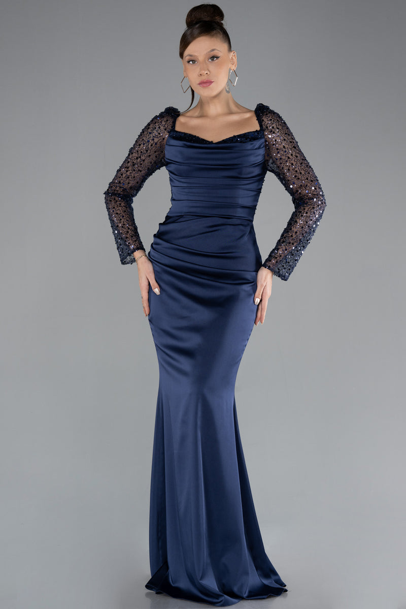 Jeta Navy Sequined Long Sleeve Tailed Satin Gown