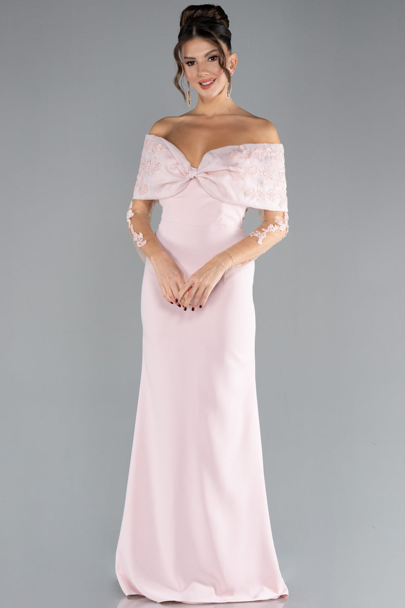 Lyra Pink Laced Boat Neck Long Sleeve Fish Cut Gown