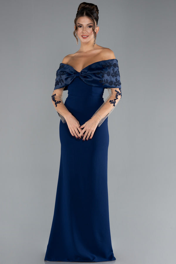 Lyra Navy Laced Boat Neck Long Sleeve Fish Cut Gown