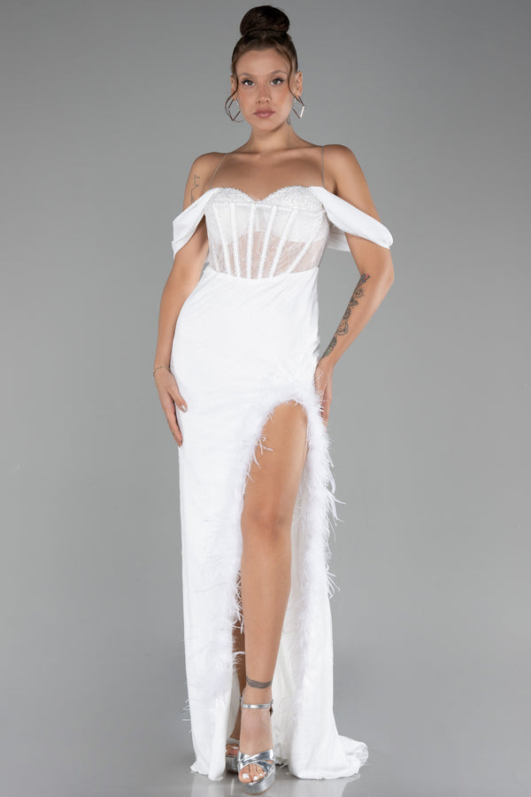 Micah White Boat Neck Underwire Corset Slit Long Lace Evening Dress