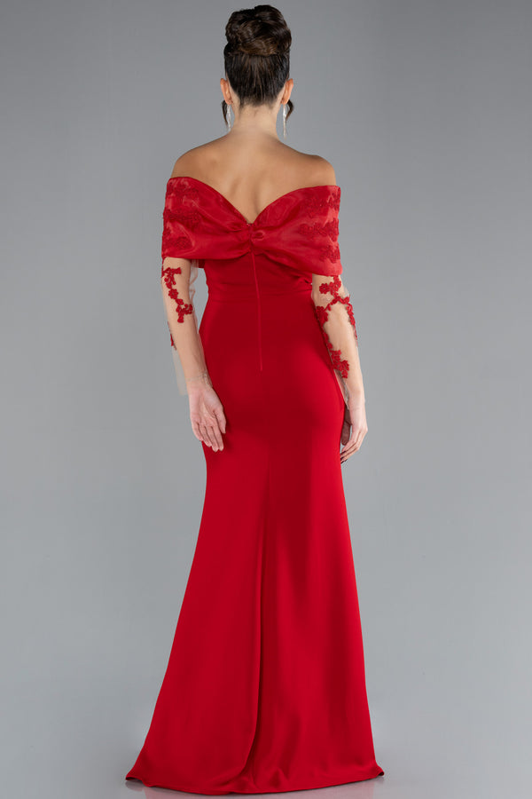 Lyra Red Laced Boat Neck Long Sleeve Fish Cut Gown