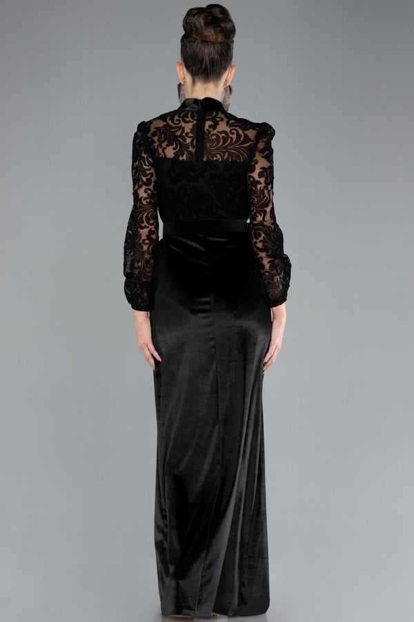 Darcy Black Laced Long Sleeve Velvet Belted Gown