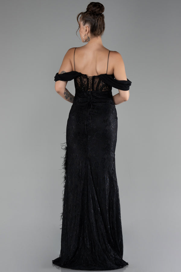 Micah Black Boat Neck Underwire Corset Slit Long Lace Evening Dress