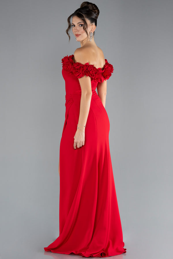 Agnesa Red Boat Neck Slit Long Gown