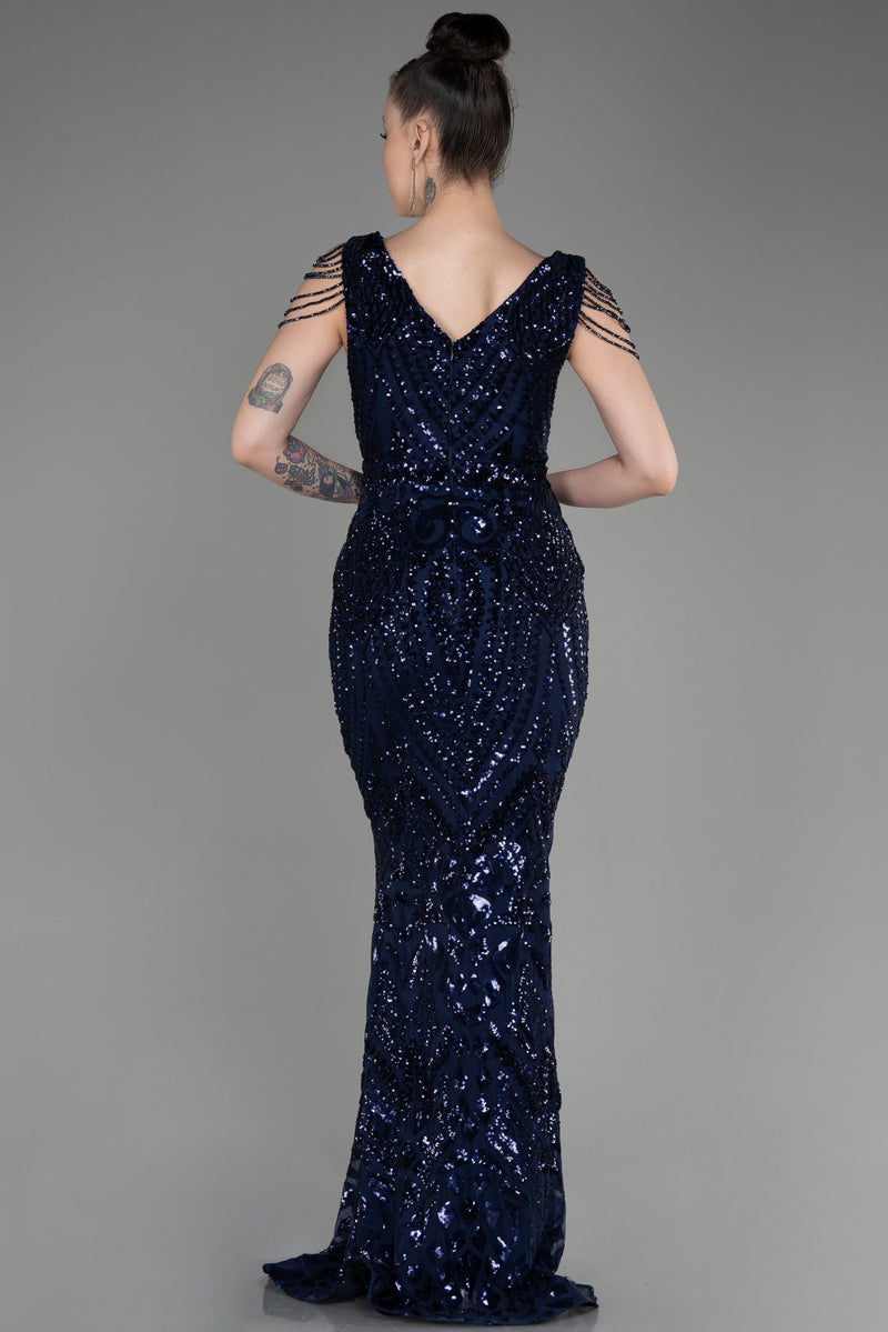 Milica Navy V Neck Long Sequined Gown