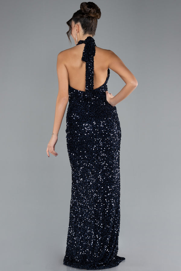 Ivy Navy Halter Neck Slit Long Sequin Fishtail Gown