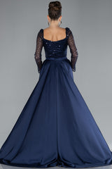 Jeta Navy Sequined Long Sleeve Tailed Satin Gown