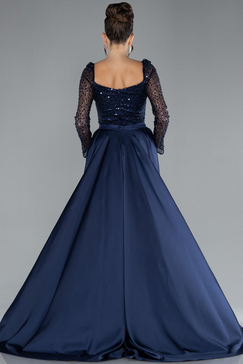 Jeta Navy Sequined Long Sleeve Tailed Satin Gown