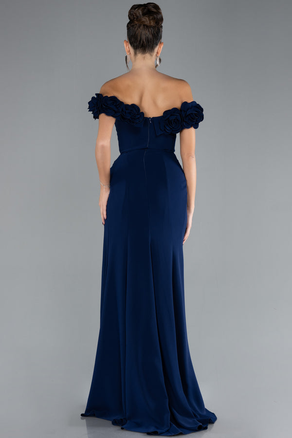 Agnesa Navy Boat Neck Slit Long Gown