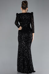 Milly Black Long Sleeve Decollete Sequined Gown