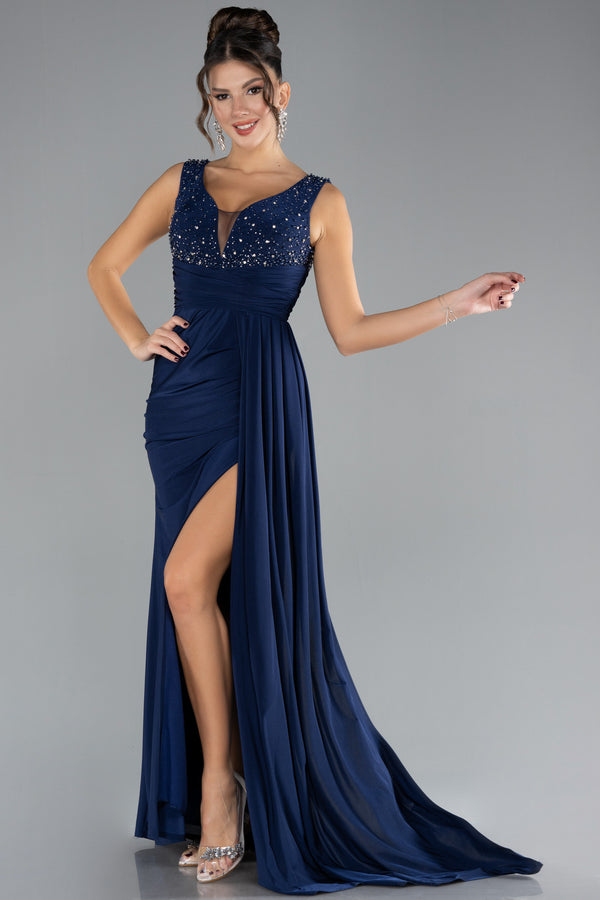 Heather Navy Long Evening Gown