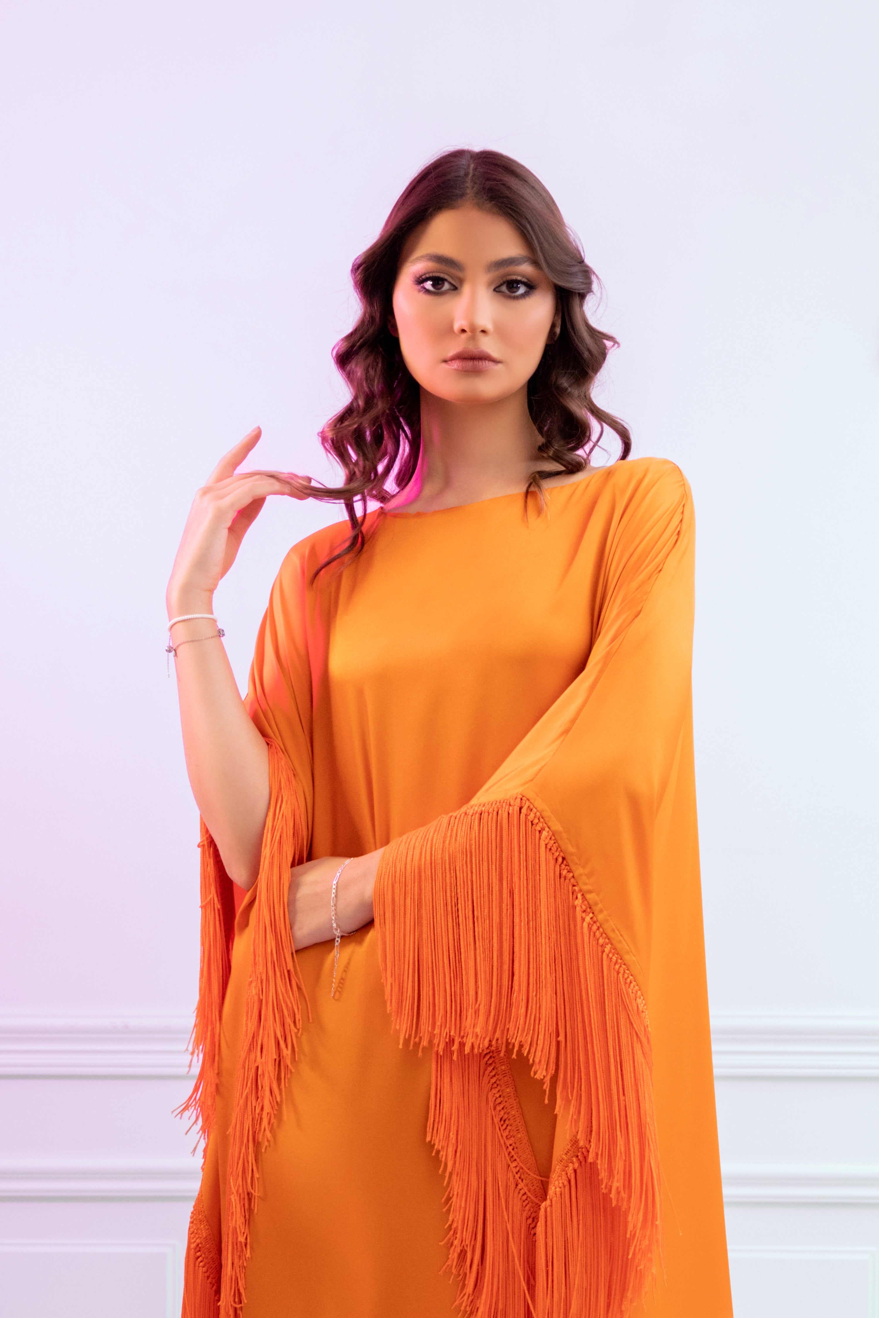 Long Fringes Kaftan In Orange main image 1