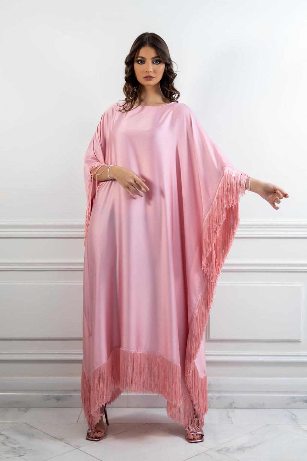 satin kaftan dress Latifa Fringe Caftan Dress