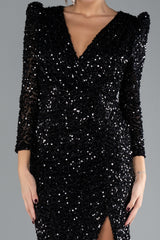 Milly Black Long Sleeve Decollete Sequined Gown