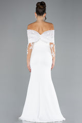 Lyra White Laced Boat Neck Long Sleeve Fish Cut Gown