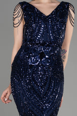 Milica Navy V Neck Long Sequined Gown